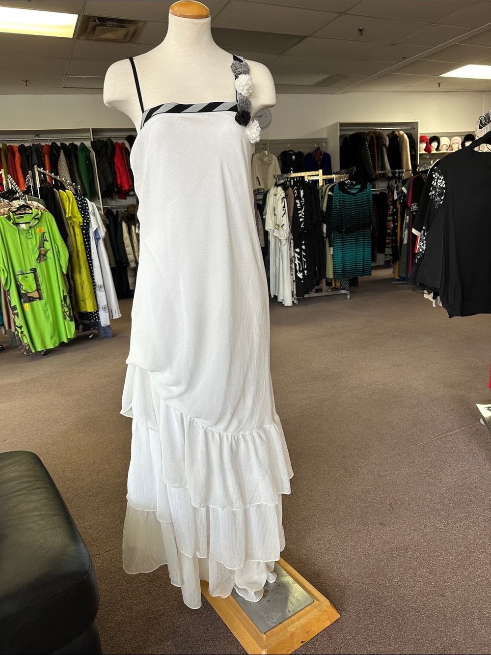 Flowy White Tiered Maxi Skirt with Floral Strap Detail